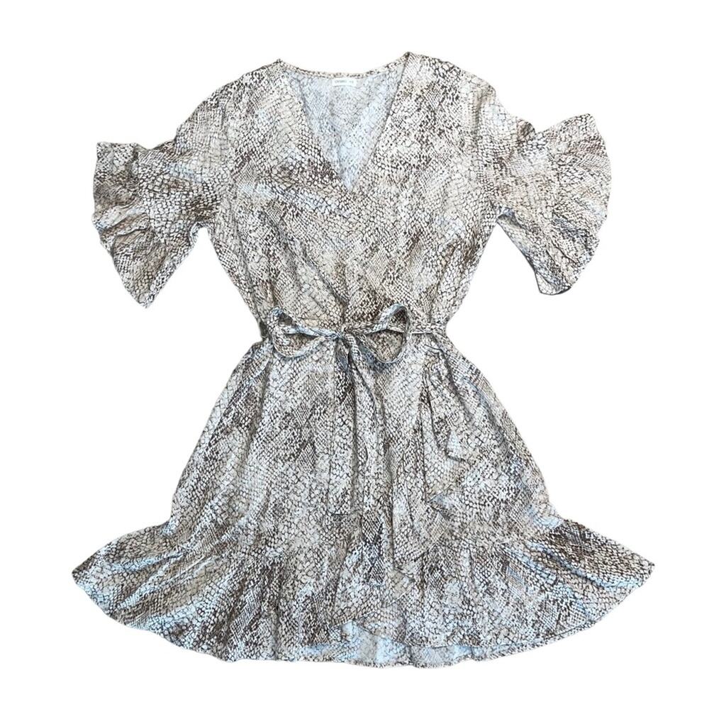 OYSHO Tan Snakeskin Print Faux Wrap Belted Ruffle Dress Women’s Size Small